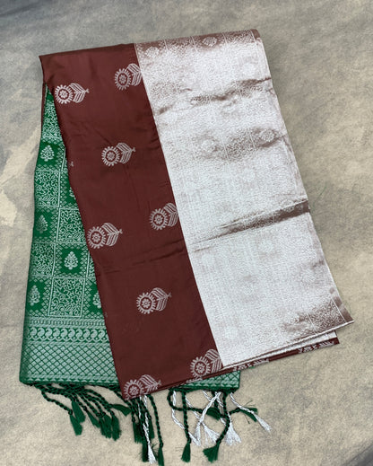 Art Silk Saree Brown Colour with Sliver Zari Border