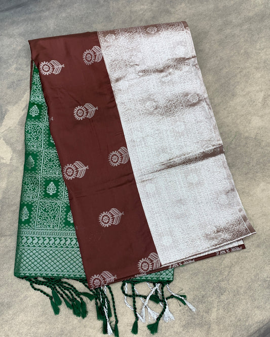 Art Silk Saree Brown Colour with Sliver Zari Border