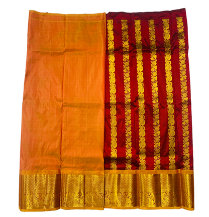 Brown shade Pure Kanchipuram Kids Pattu Pavadai with contrast border for age 5 to 10