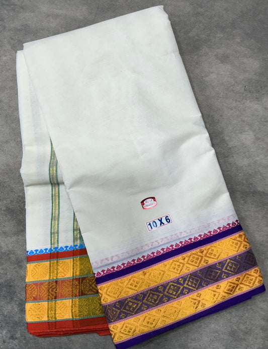 10X6 Cotton Dhoti White Colour with Yellow and Violet Border