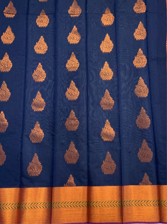 Navy Blue Shade Silk Cotton Saree with Copper Zari Border