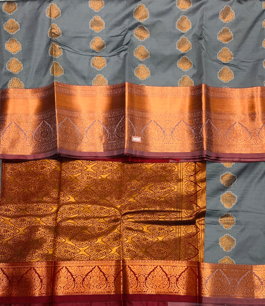 Vegan Silk Saree Gray Colour with Copper Border