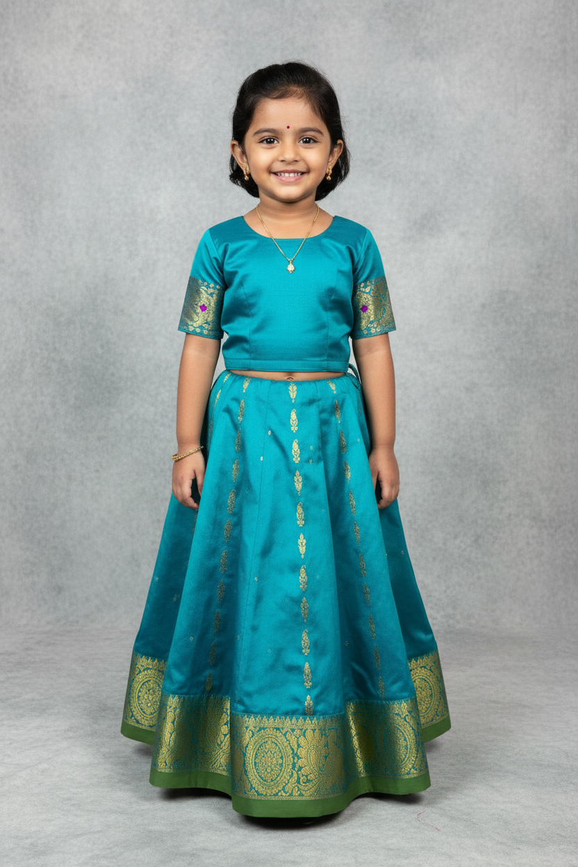 Rama Green Shade Semi Silk Kids Pattu Pavadai with Contrast border for Age 2 to 5 Years