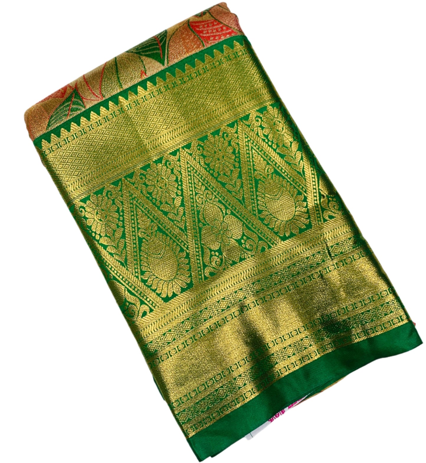 Orange & Green Leaf Soft Kanchi Tissue Pattu Saree with Green border