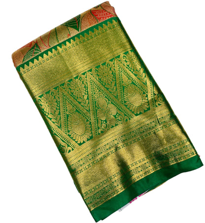 Orange & Green Leaf Soft Kanchi Tissue Pattu Saree with Green border