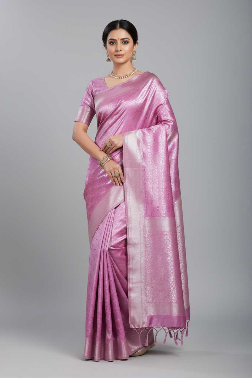 Fancy Tissue Saree Light Pink Colour with Self Design Border
