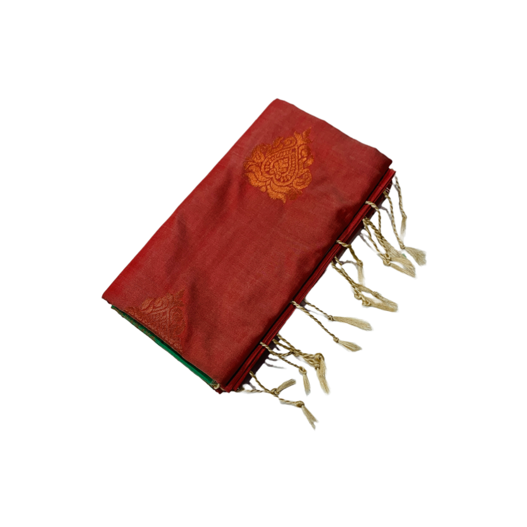 Soft Vegan Silk Saree Brownish Orange with Green Pallu