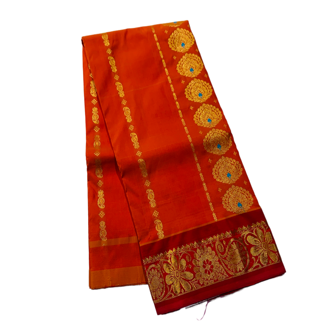 Brownish Orange shade Semi Silk Kids Pattu Pavadai with Contrast border for age 5 to 10