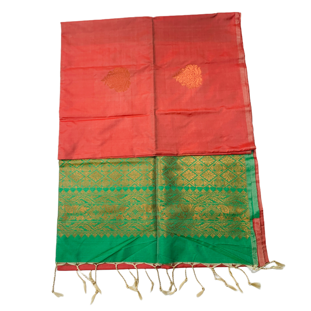 Soft Vegan Silk Saree Brownish Orange with Green Pallu