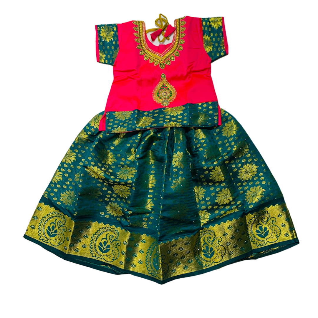 Ready To Wear Green Pavadai with contrast Baby Pink Blouse - 2 Year Baby