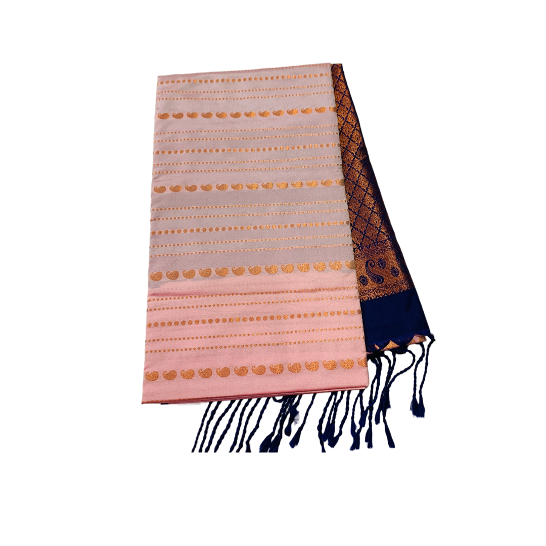 Soft Vegan Silk Saree Baby Pink Colour with Navy Blue Pallu