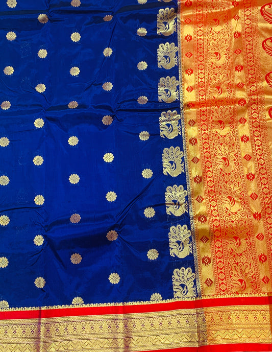 Blue shade saree with Sliver and Red Border