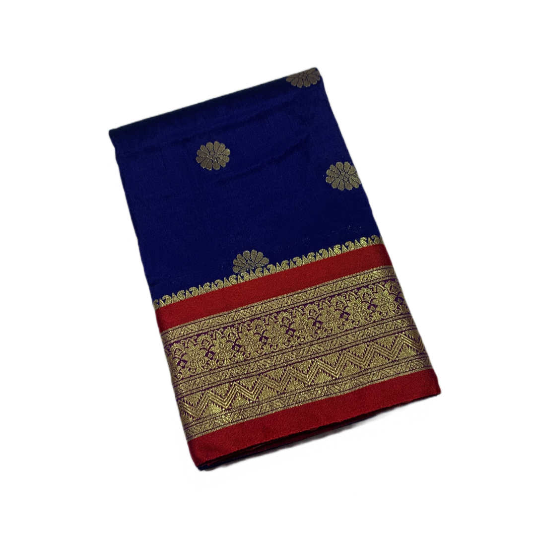 Blue shade saree with Sliver and Red Border