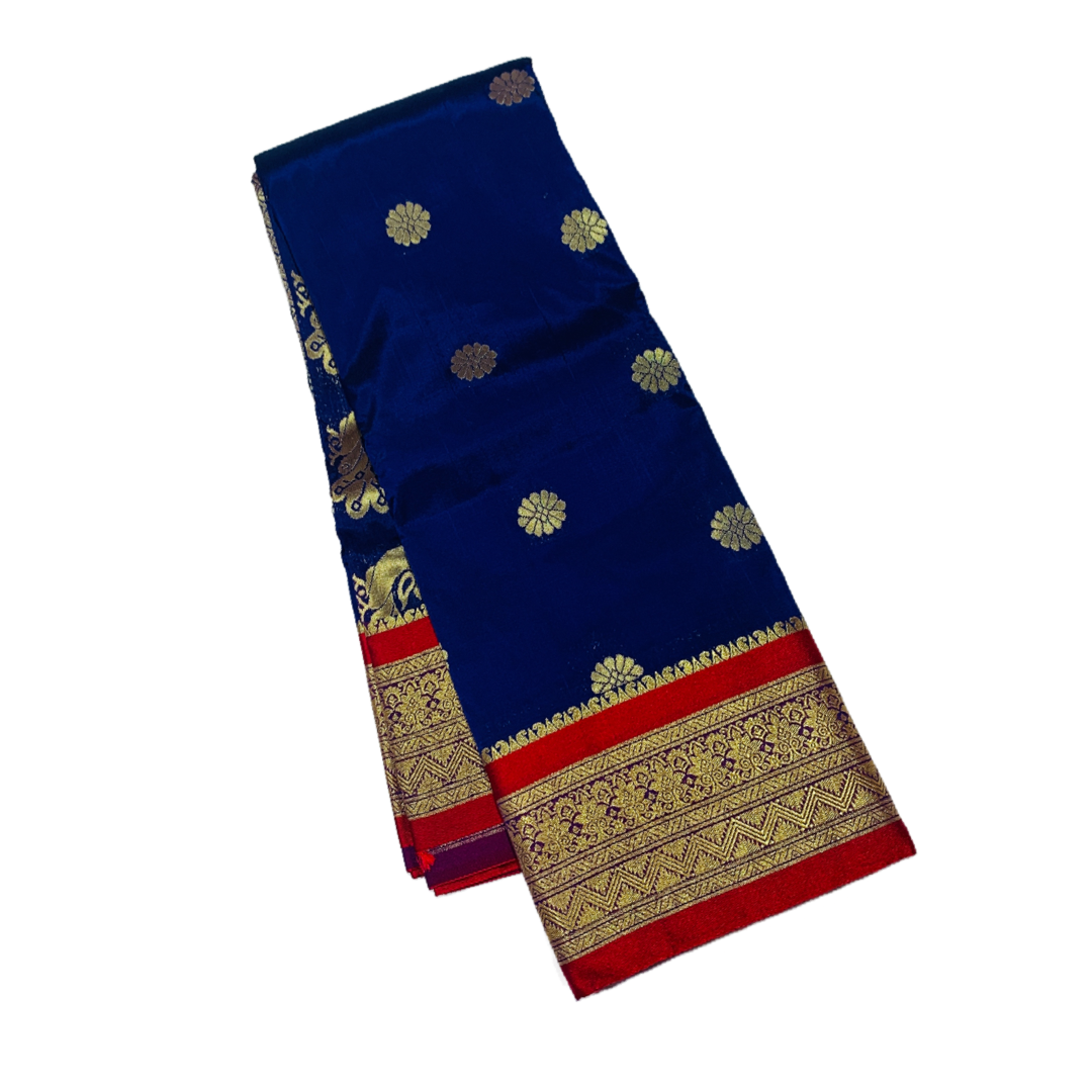 Blue shade saree with Sliver and Red Border