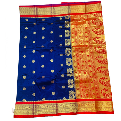 Blue shade saree with Sliver and Red Border