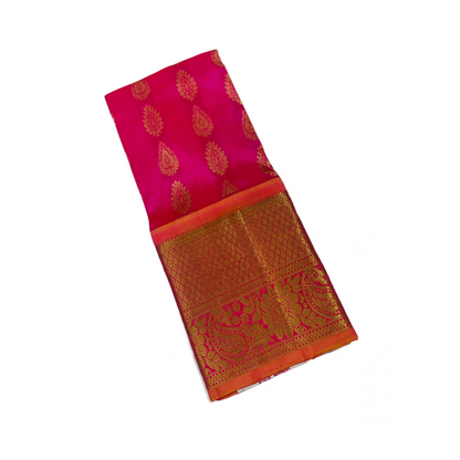 Pink shade Pure Kanchipuram Kids Pattu Pavadai with contrast border for age 2 to 5