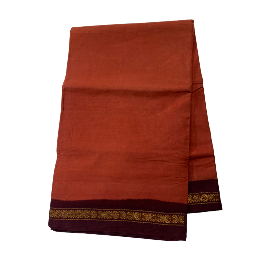 9 yards Cotton Saree Brownish Orange Colour with Brown Border