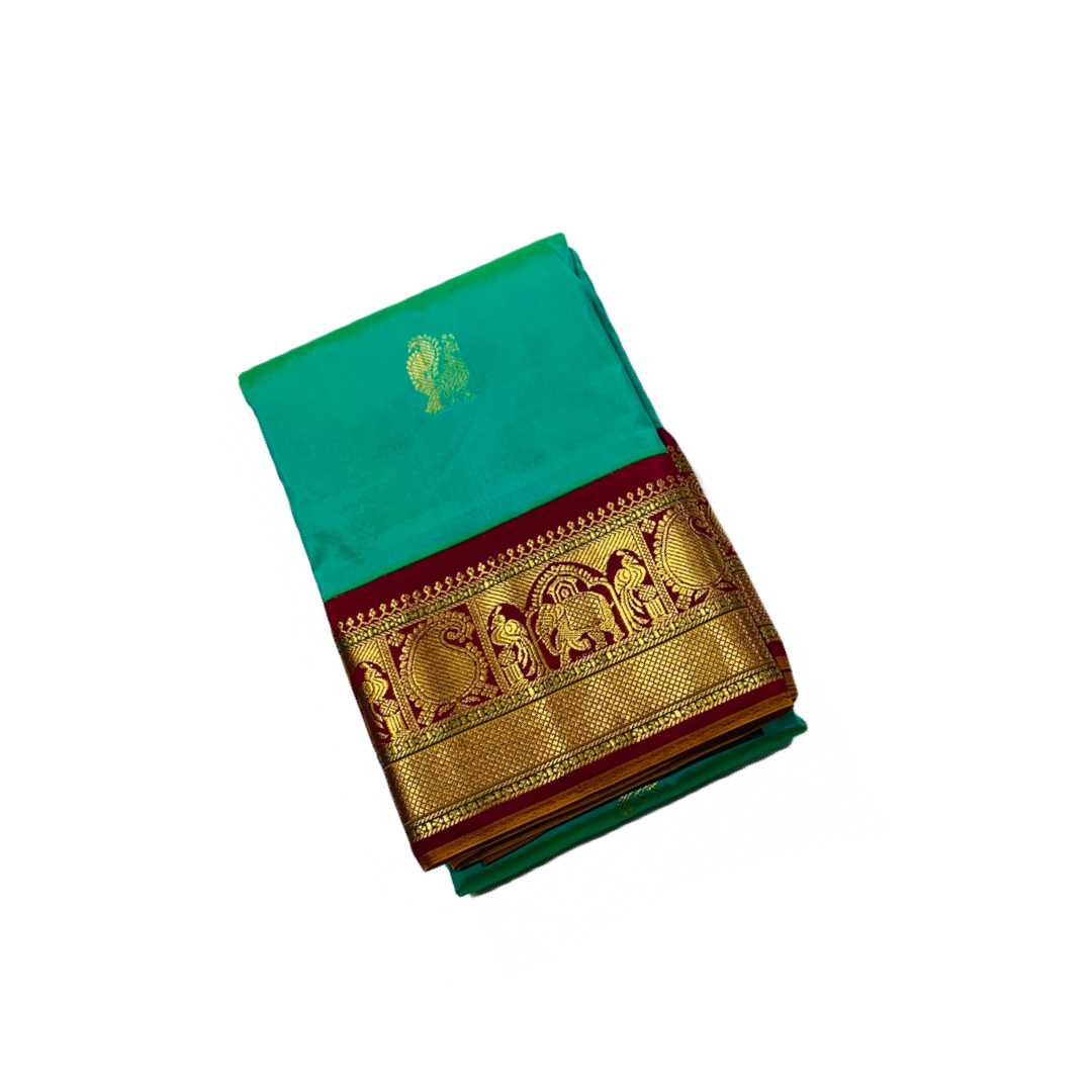 Pure Kachipuram Silk Saree Rama Green Colour with Maroon Border