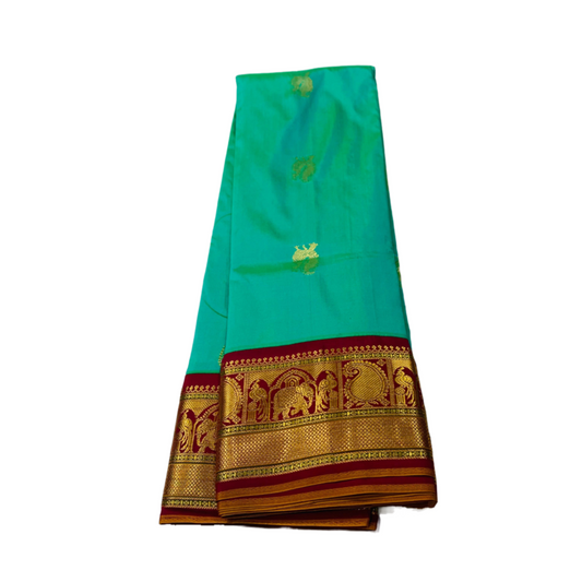 Pure Kachipuram Silk Saree Rama Green Colour with Maroon Border