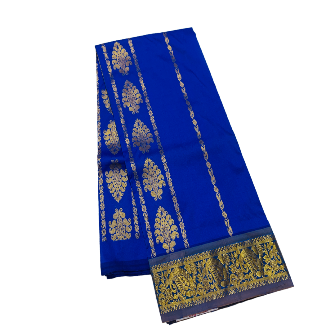 Blue shade Semi silk Kids Pattu Pavadai with Contrast border with Flower with Peacock design for age above 10 Years