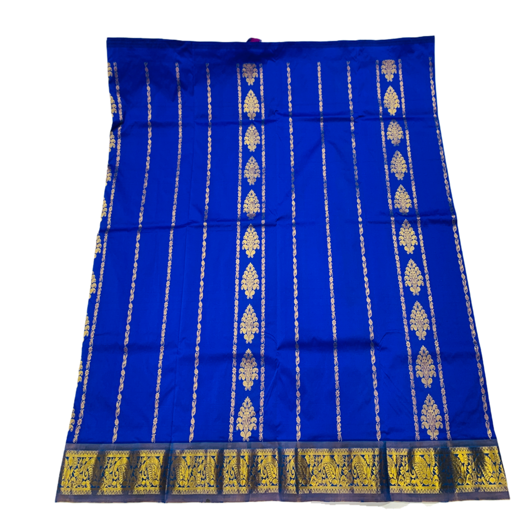 Blue shade Semi silk Kids Pattu Pavadai with Contrast border with Flower with Peacock design for age above 10 Years