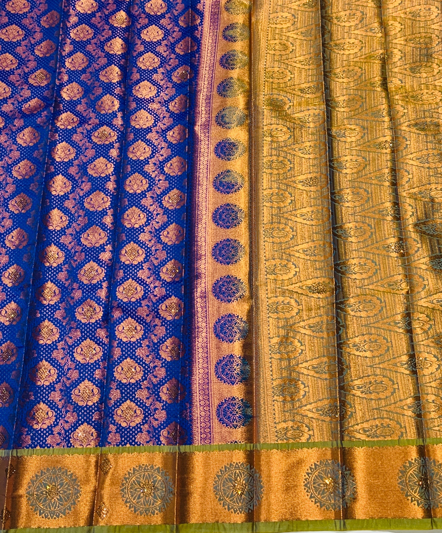 Bridal Vegan Silk Saree Blue Colour with Copper Border