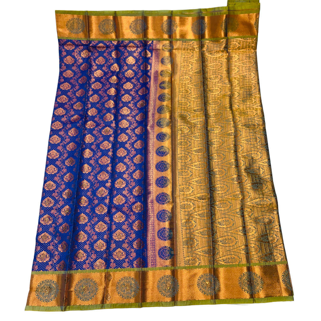 Bridal Vegan Silk Saree Blue Colour with Copper Border