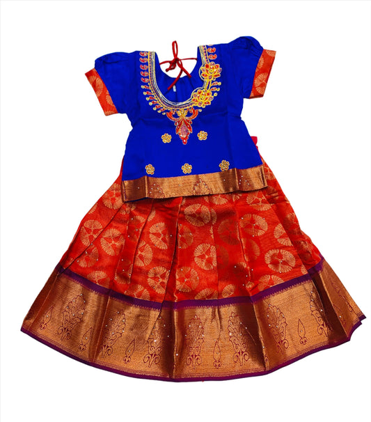 Ready To Wear Maroon Pavadai with contrast Blue Blouse