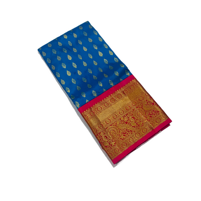 Blue shade Pure Kanchipuram Kids Pattu Pavadai with contrast border for age 5 to 10