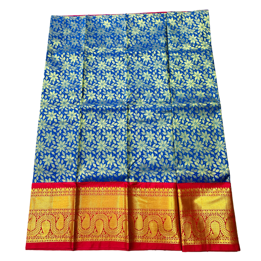 Blue shade Vegan Silk Kids Pattu Pavadai with contrast border for age 5 to 10