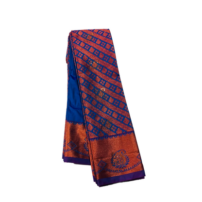 Blue Shade Soft kanchi pattu with Copper and Purple Border with Mango design.