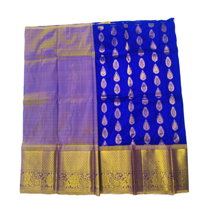 Blue shade Pure Kanchipuram Kids Pattu Pavadai with contrast border for age 2 to 5