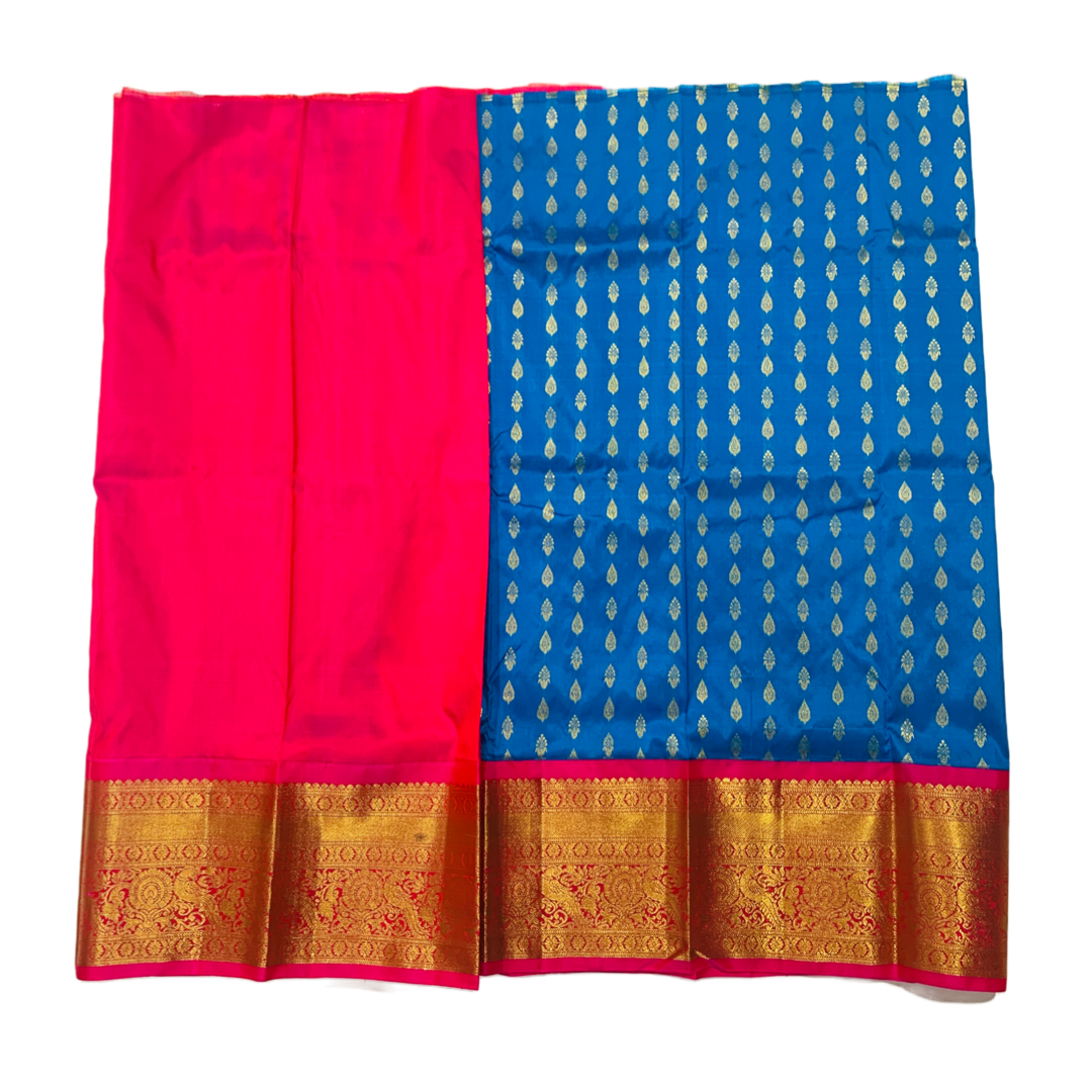 Blue shade Pure Kanchipuram Kids Pattu Pavadai with contrast border for age 5 to 10