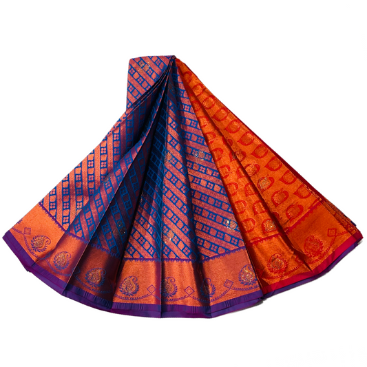 Blue Shade Soft kanchi pattu with Copper and Purple Border with Mango design.