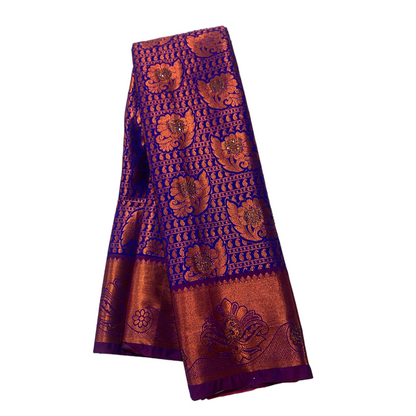 Bridal Vegan Silk Saree Blue Colour with Copper Border