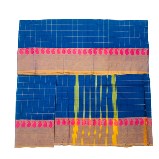 9 Yards Cotton Saree Blue Colour with Golden Yellow Border
