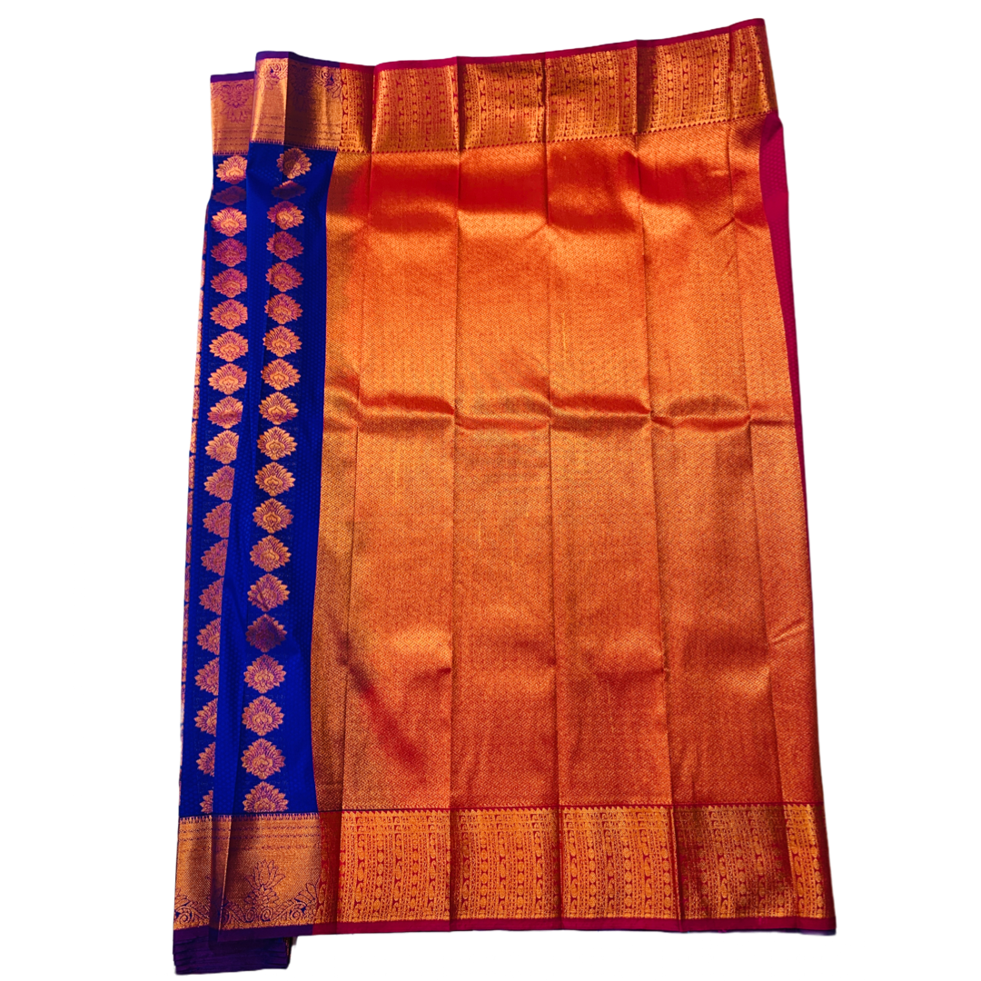 Blue shade saree with Copper Border with floral design