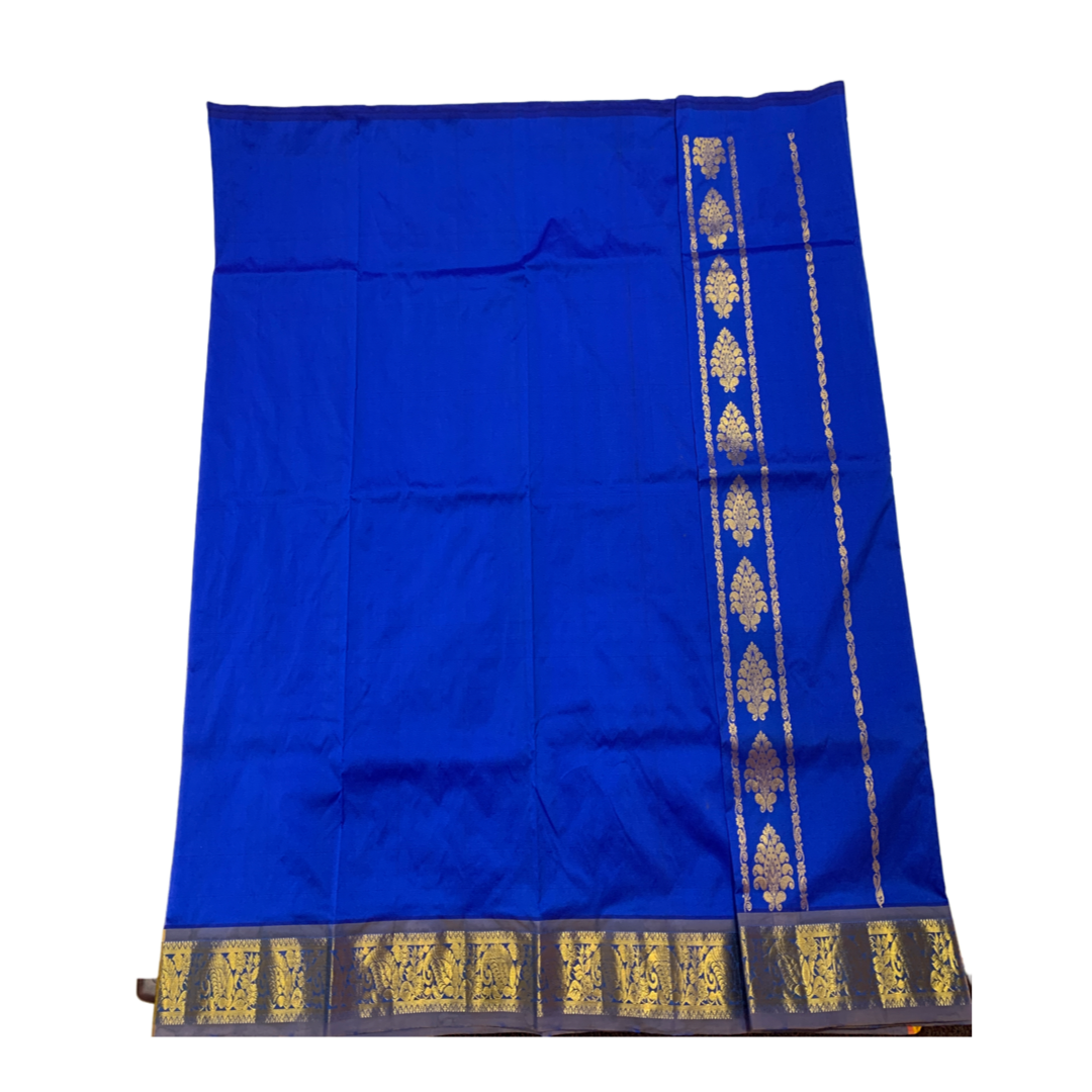 Blue shade Semi silk Kids Pattu Pavadai with Contrast border with Flower with Peacock design for age above 10 Years