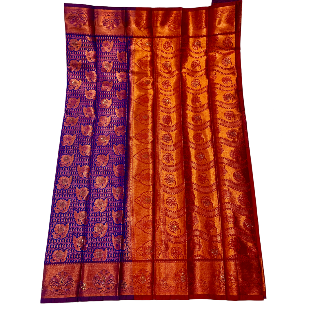 Bridal Vegan Silk Saree Blue Colour with Copper Border