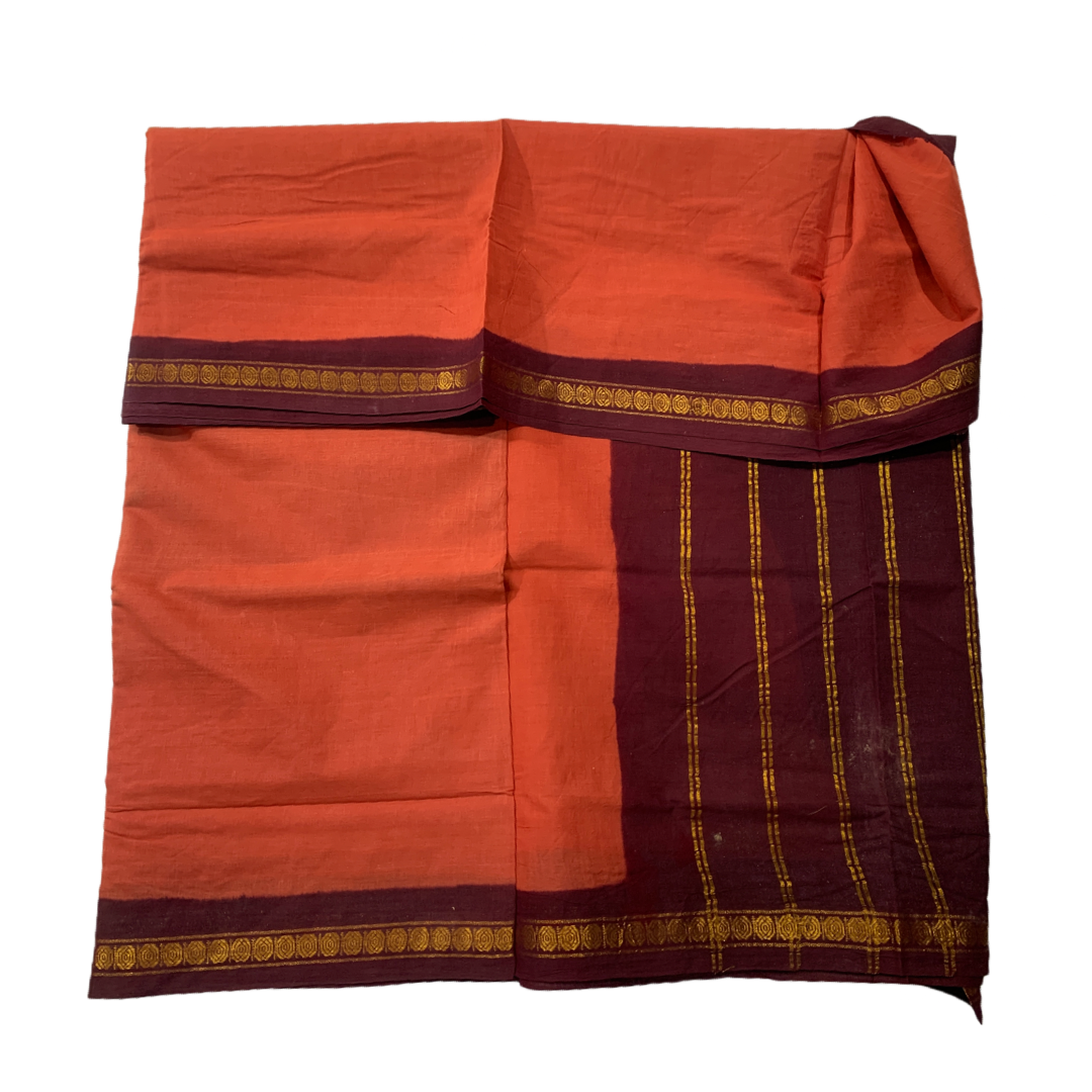 9 yards Cotton Saree Brownish Orange Colour with Brown Border