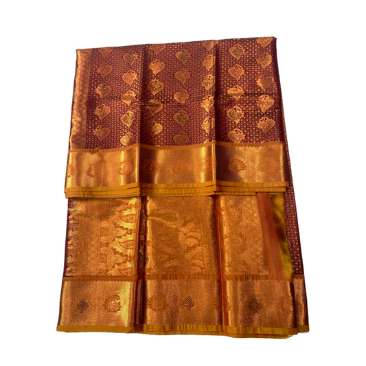 Bridal Vegan Silk Saree Brown with Golden Border with Mango design