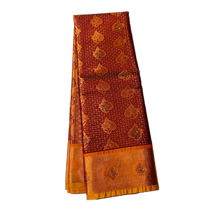 Bridal Vegan Silk Saree Brown with Golden Border with Mango design