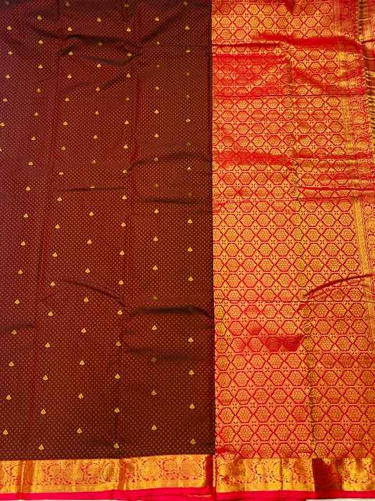 Brown shade Semi Silk Saree with Pink Border with Mango and Flower Design