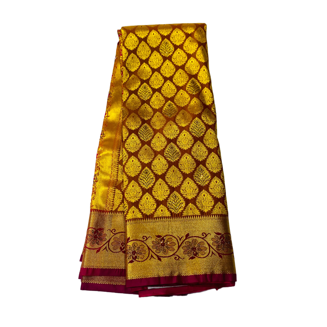 Bridal Vegan Silk Saree Brown Colour with Unstitched blouse in Aari work