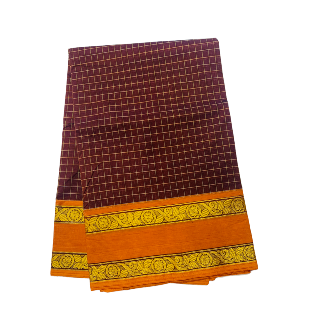 9 yards Cotton Saree Brown Colour with Orange Border