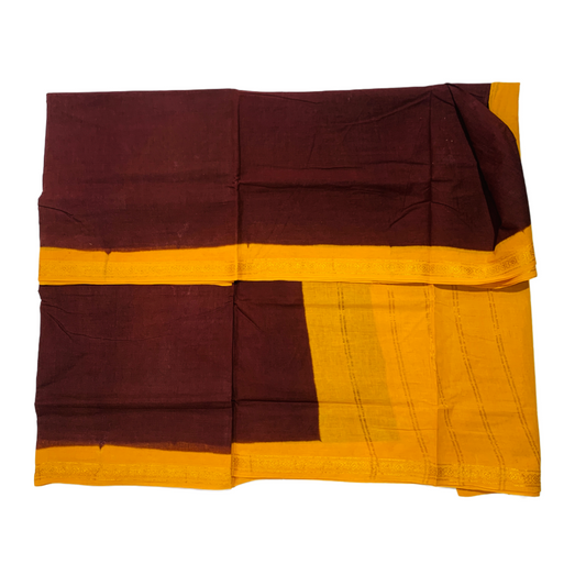 9 yards Cotton Saree Brown Colour with Yellow Border