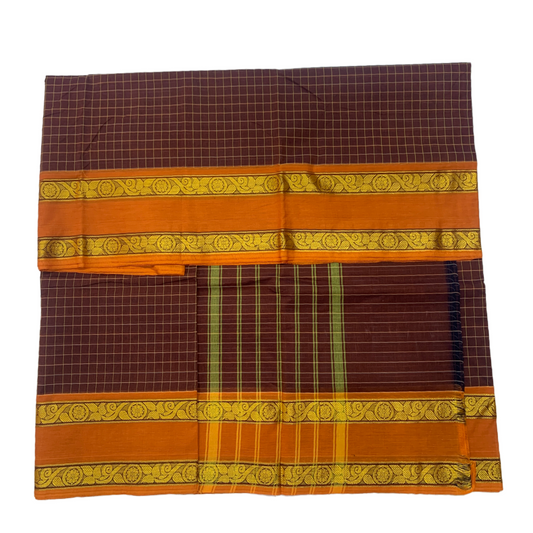 9 yards Cotton Saree Brown Colour with Orange Border