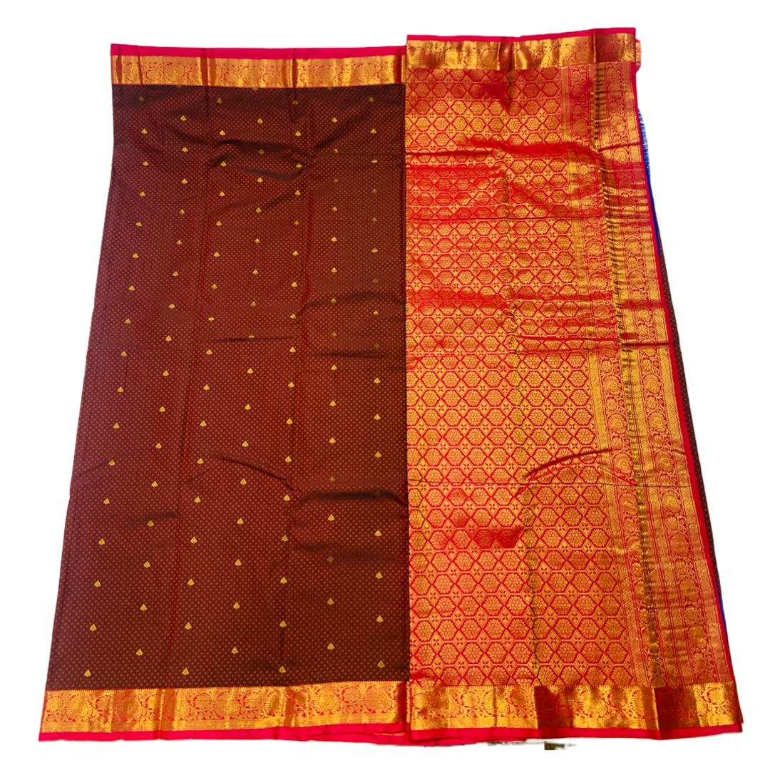 Brown shade Semi Silk Saree with Pink Border with Mango and Flower Design