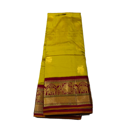 Pure Kachipuram Silk Saree Canary Yellow Colour with Maroon Border