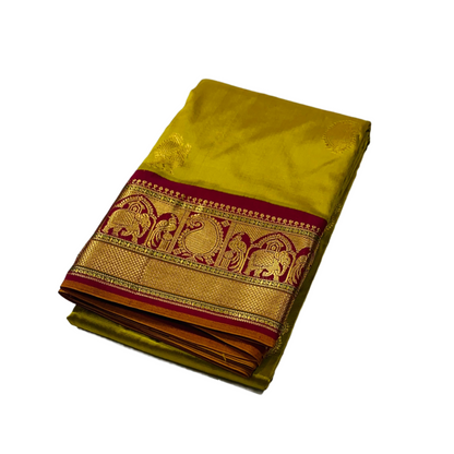 Pure Kachipuram Silk Saree Canary Yellow Colour with Maroon Border